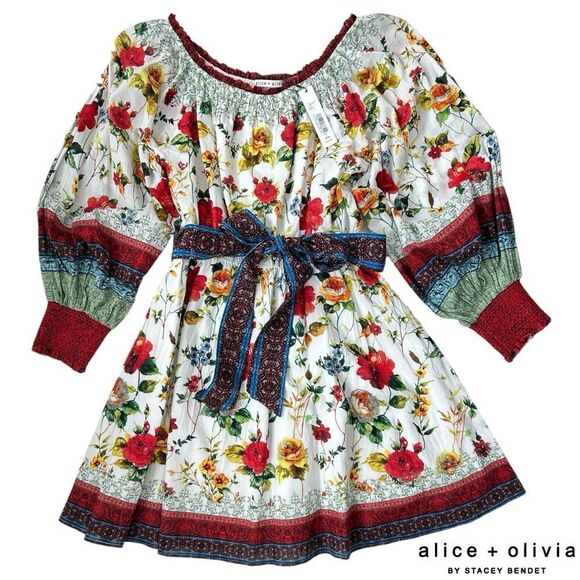 Alice + Olivia **NWT** Mary Off Shoulder Tie Belt Dress Dew Floral - Picture 2 of 8